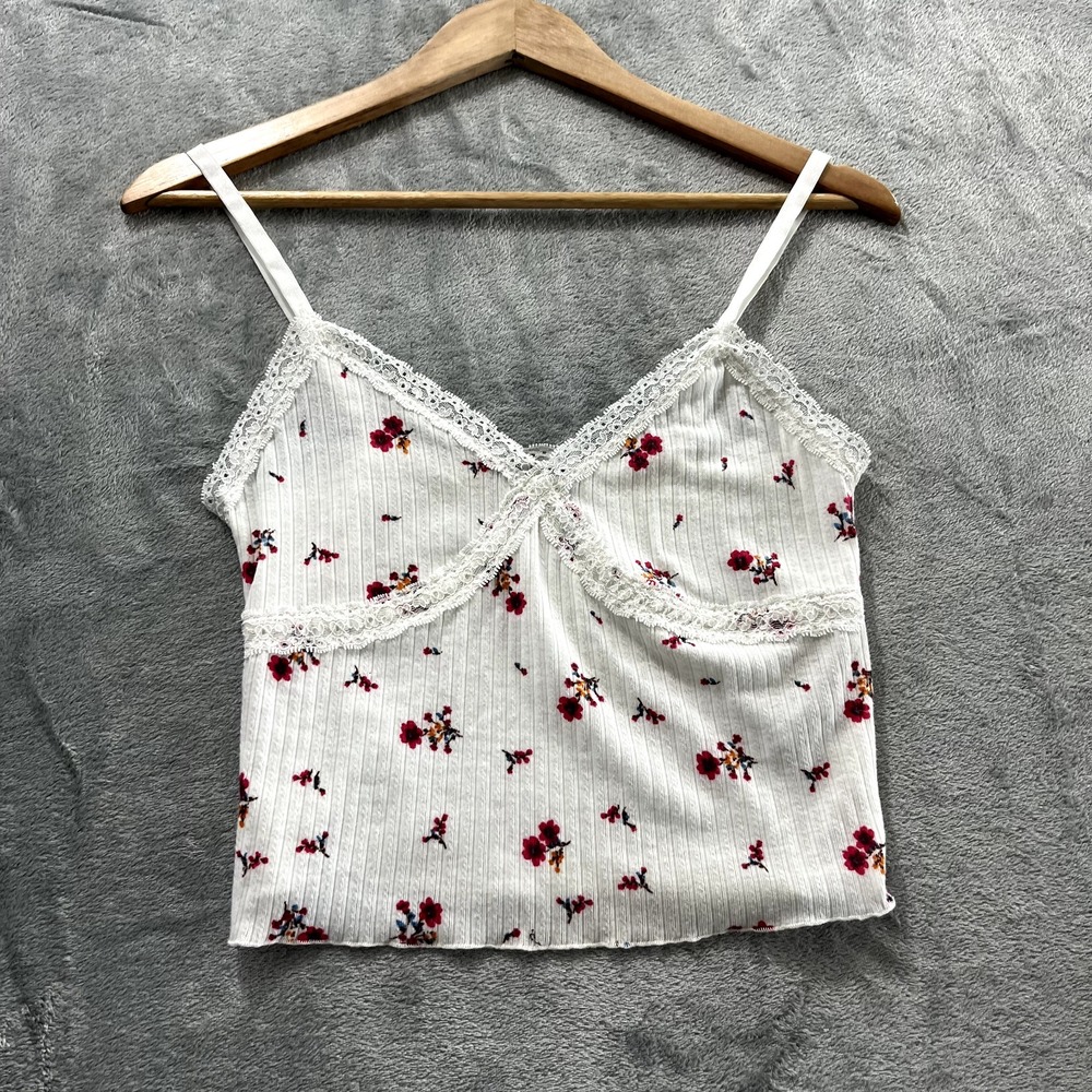 Wild Fable Babydoll Tank Top Red Floral Ribbed Lace White Camisole Small 90s Y2K